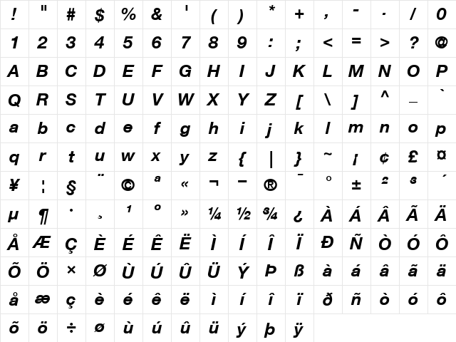 Helvetica76 BoldItalic Character Map Helvetica76 BoldItalic Character Map