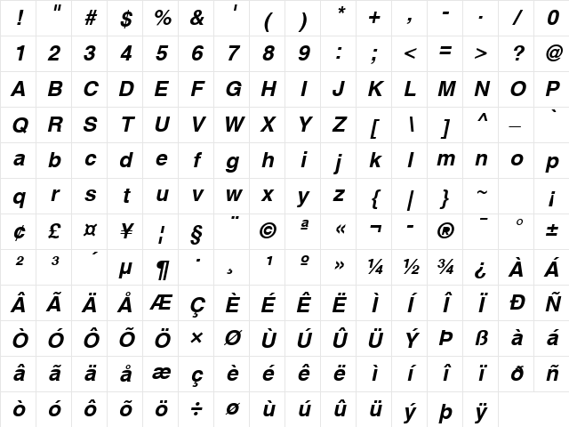 Helvetica Bold Oblique Character Map