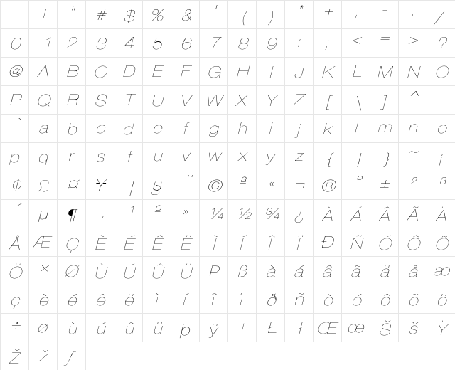 HelveticaExtObl-Thin Regular Character Map HelveticaExtObl-Thin Regular Character Map