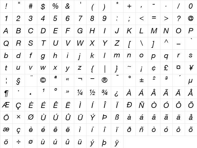 Helvetica56 RomanItalic Character Map