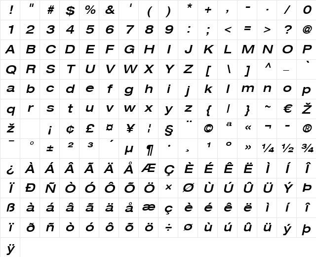 HelveticaNeue MediumExt Oblique Character Map HelveticaNeue MediumExt Oblique Character Map
