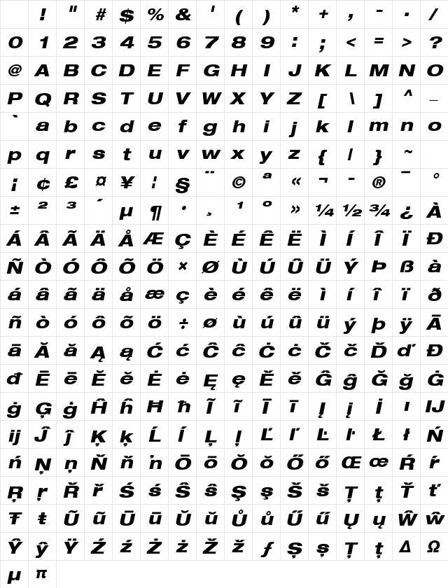 Helvetica Neue LT Com 83 Heavy Extended Oblique Character Map