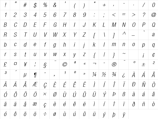 Helvetica Neue LT Com 47 Light Condensed Oblique Character Map