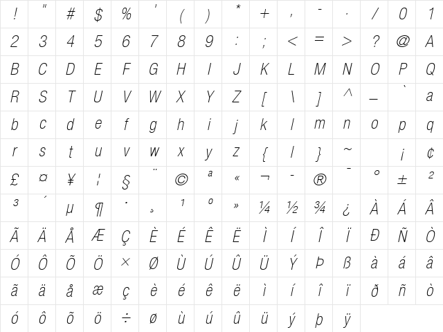 Helvetica Neue LT Com 37 Thin Condensed Oblique Character Map