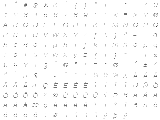 Helvetica Neue LT Com 23 Ultra Light Extended Oblique Character Map