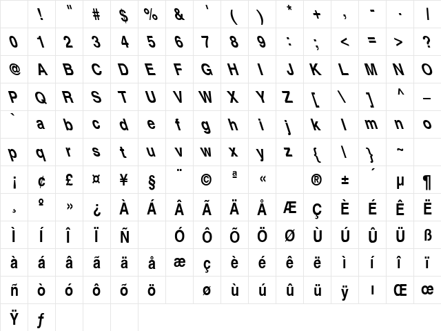 Helvetica-Narrow-Bold Lefty Regular Character Map