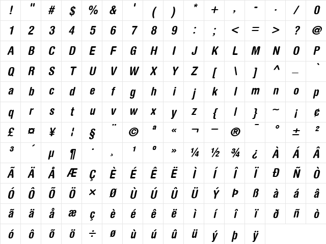 HelveticaRounded-Condensed BoldItalic Character Map