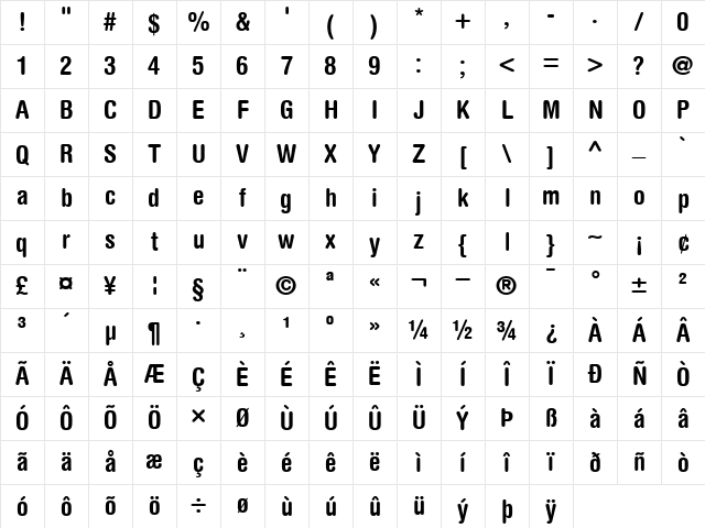 HelveticaRounded-Condensed Bold Character Map