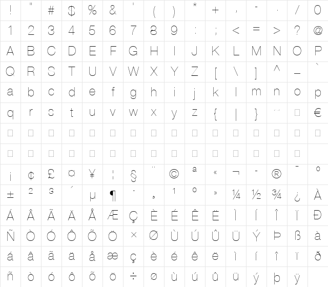 Helvetica 25 UltraLight Regular Character Map Helvetica 25 UltraLight Regular Character Map
