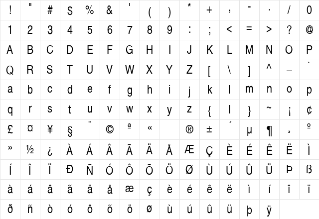 Helvetica-Narrow Regular Character Map