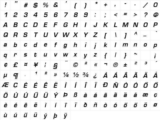 HEuromode Bold Italic Character Map