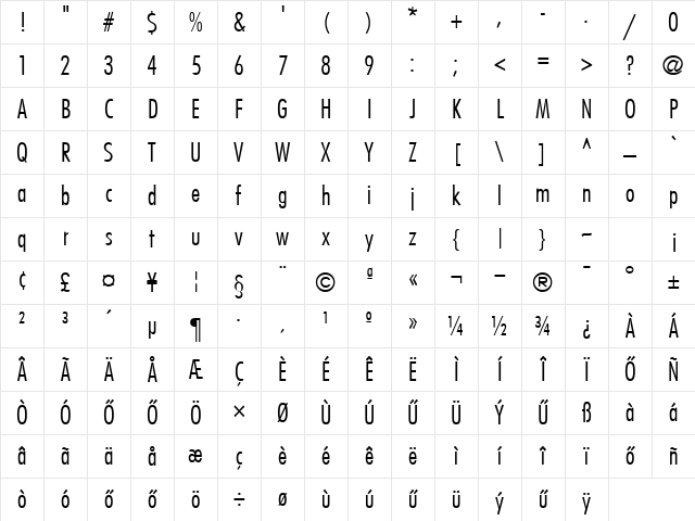 HFutura Condensed Light Normal Character Map HFutura Condensed Light Normal Character Map