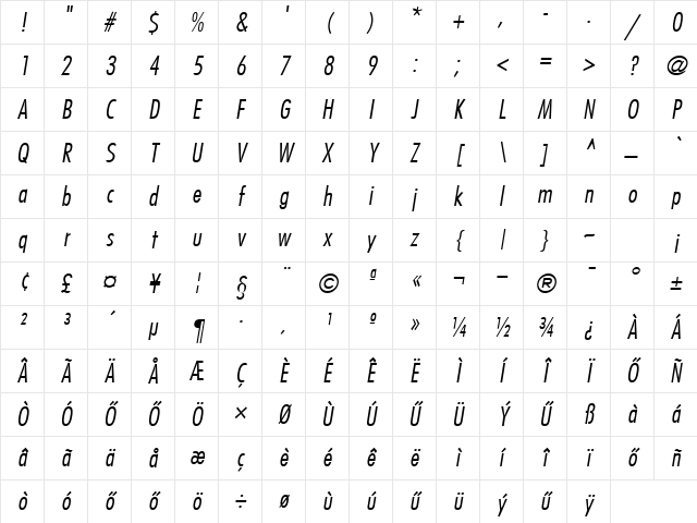 HFutura Condensed Light Italic Character Map HFutura Condensed Light Italic Character Map