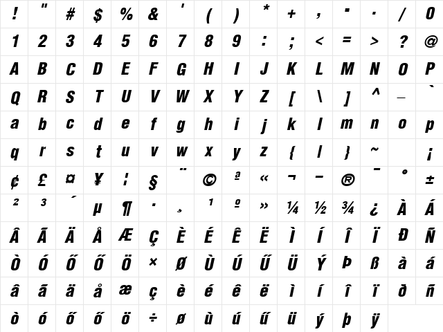 HHelvetica Condensed Black Italic Character Map