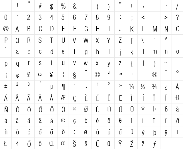HHelvetica Condensed Light Normal Character Map HHelvetica Condensed Light Normal Character Map