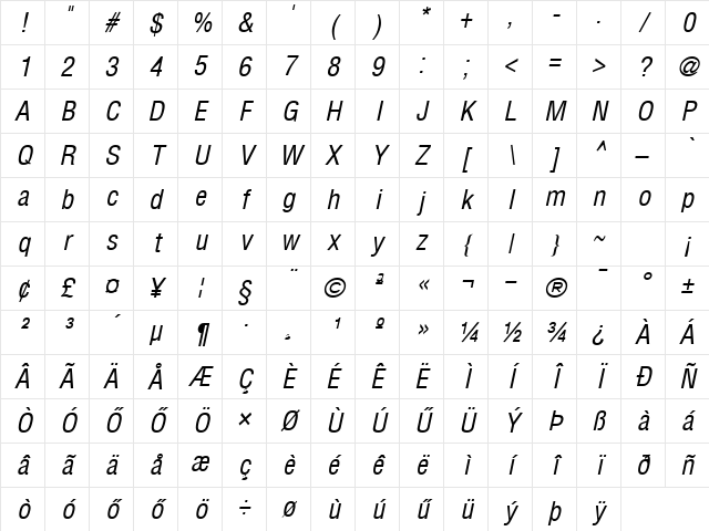HHelvetica Condensed Italic Character Map