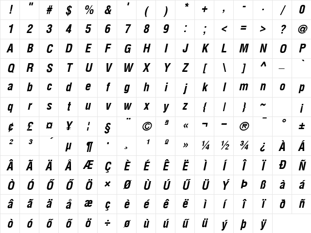 HHelvetica Condensed Bold Italic Character Map