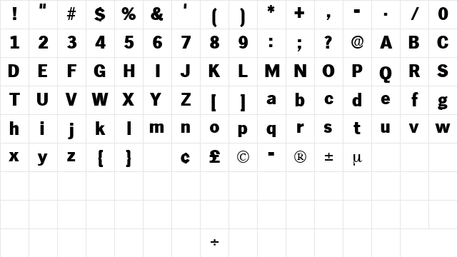 HieroDisplaySSK Regular Character Map
