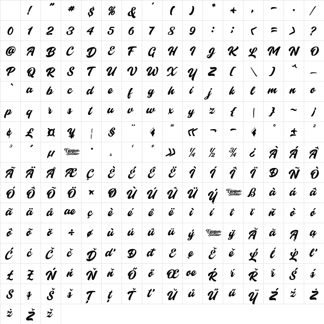 Historia Script DEMO Regular Character Map Historia Script DEMO Regular Character Map