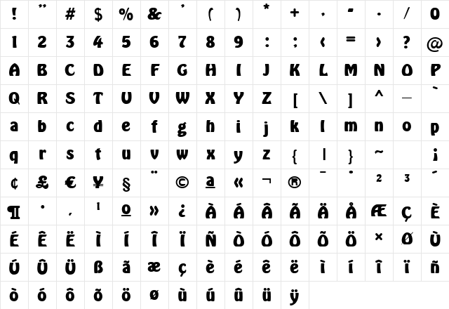 Hobo Bold Character Map