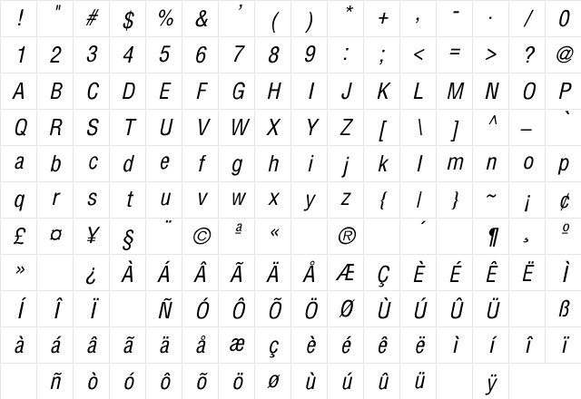 Holland Conden Italic Regular Character Map