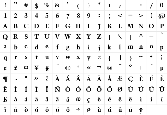 Horn Wide Bold Character Map