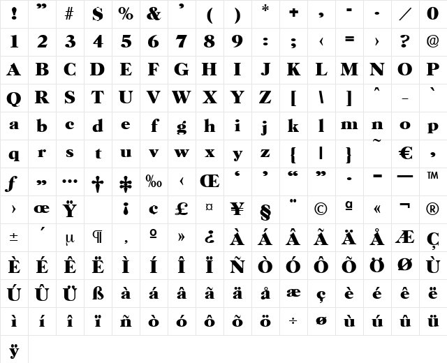 Horsham-Bold Regular Character Map