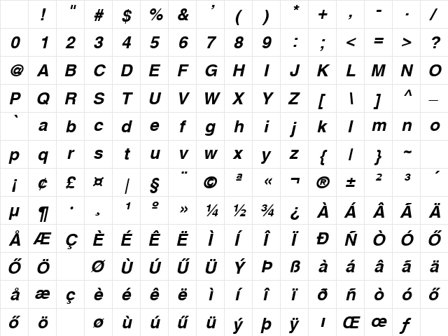 HSwitzerland Bold Italic Character Map HSwitzerland Bold Italic Character Map