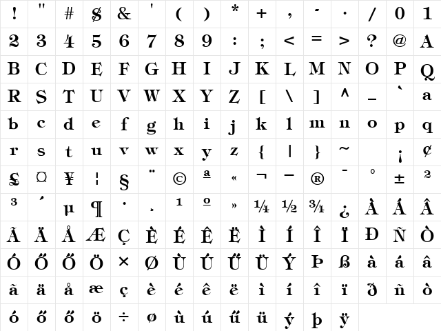 HTiffany Bold Character Map HTiffany Bold Character Map