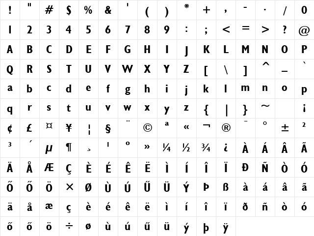 Humanist-521 CnHU Bold Condensed Character Map