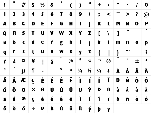 Humanist-521 ExCnHU Extra Bold Condensed Character Map