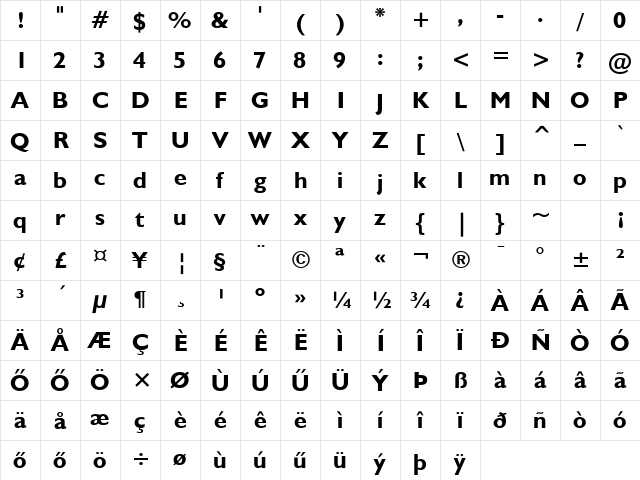 Humanist-521 HU Bold Character Map Humanist-521 HU Bold Character Map