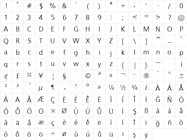 Humnst777 Lt BT Light Character Map