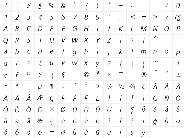 Humnst777 Lt BT Light Italic Character Map