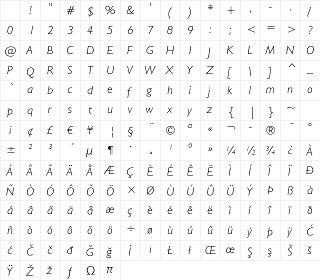 Humanst521 Lt BT Light Italic Character Map