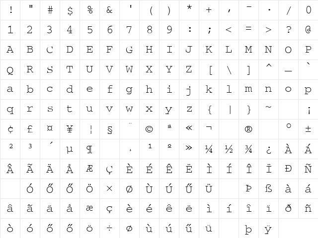 HunCourier Medium Character Map