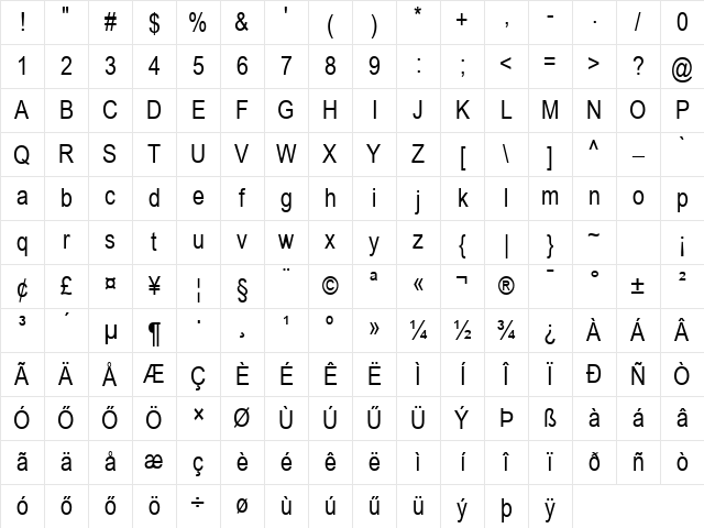 Huni_Arial Narrow Regular Character Map