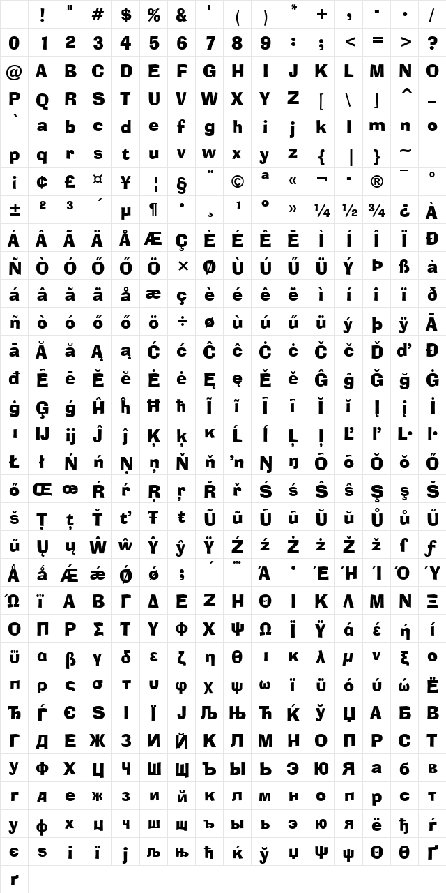 Huni_Abligat Regular Character Map Huni_Abligat Regular Character Map