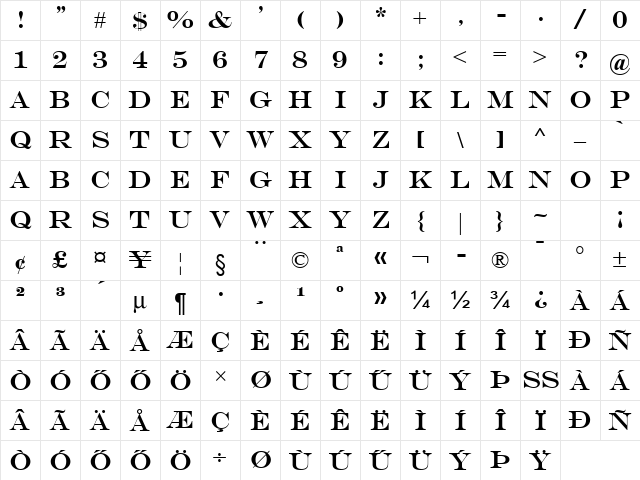 Huni_Engravers MT Regular Character Map