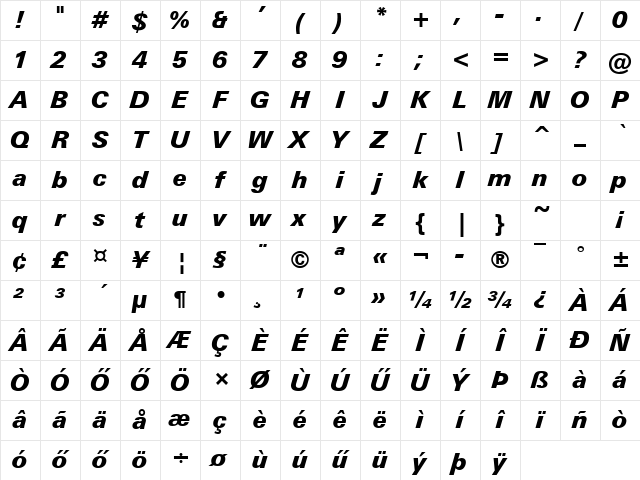 Huni_Obelisk BoldItalic Regular Character Map