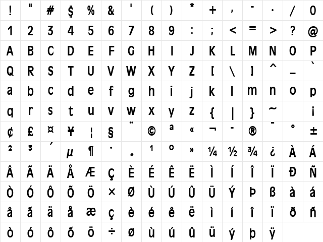 Antiqua 101 Condensed Bold Character Map