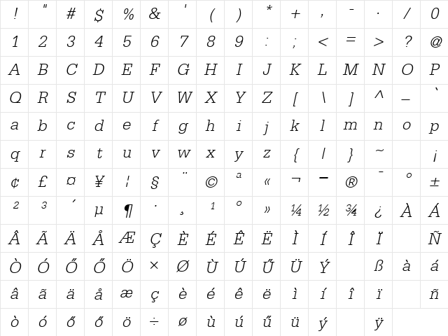 Huni_Rhyme Lt Oblique Regular Character Map