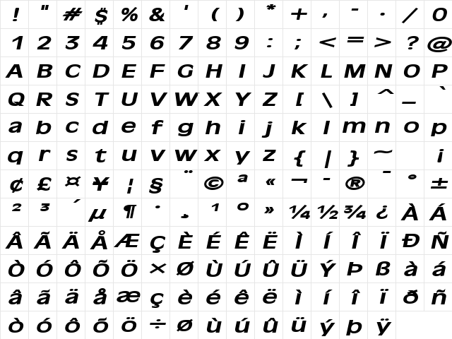 Antiqua 101 Extended BoldItalic Character Map