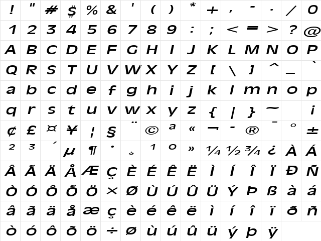 Antiqua 101 Extended Italic Character Map