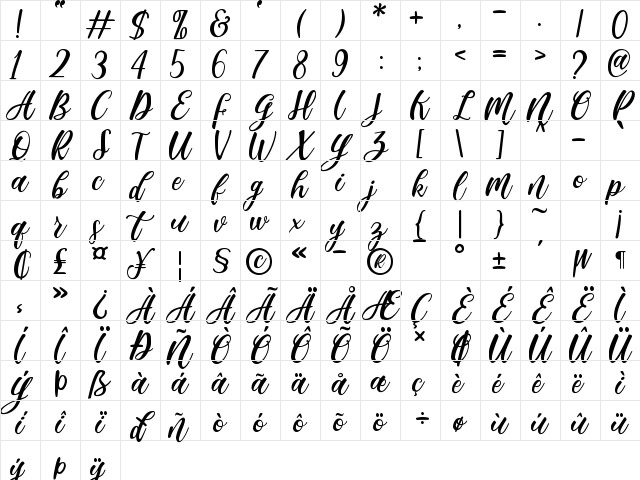 Madista Calligraphy Regular Character Map Madista Calligraphy Regular Character Map