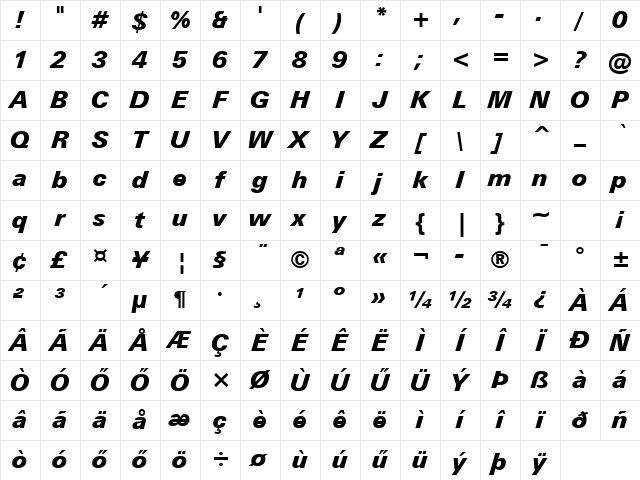 Huni_Swiss 742 Blk BT Italic Regular Character Map
