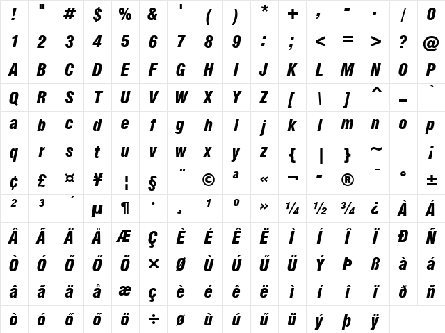 Huni_Swiss 733 BlkCn WS Italic Regular Character Map