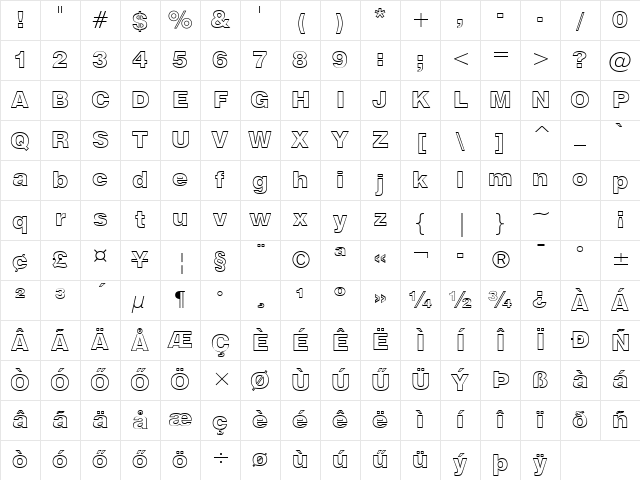 Huni_Swiss 733 BlkOul WS Regular Character Map