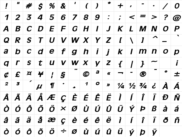 Antiqua 101 Wide BoldItalic Character Map