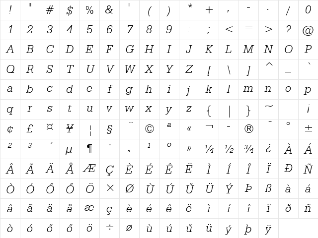Huni_Serifa Lt BT Italic Regular Character Map